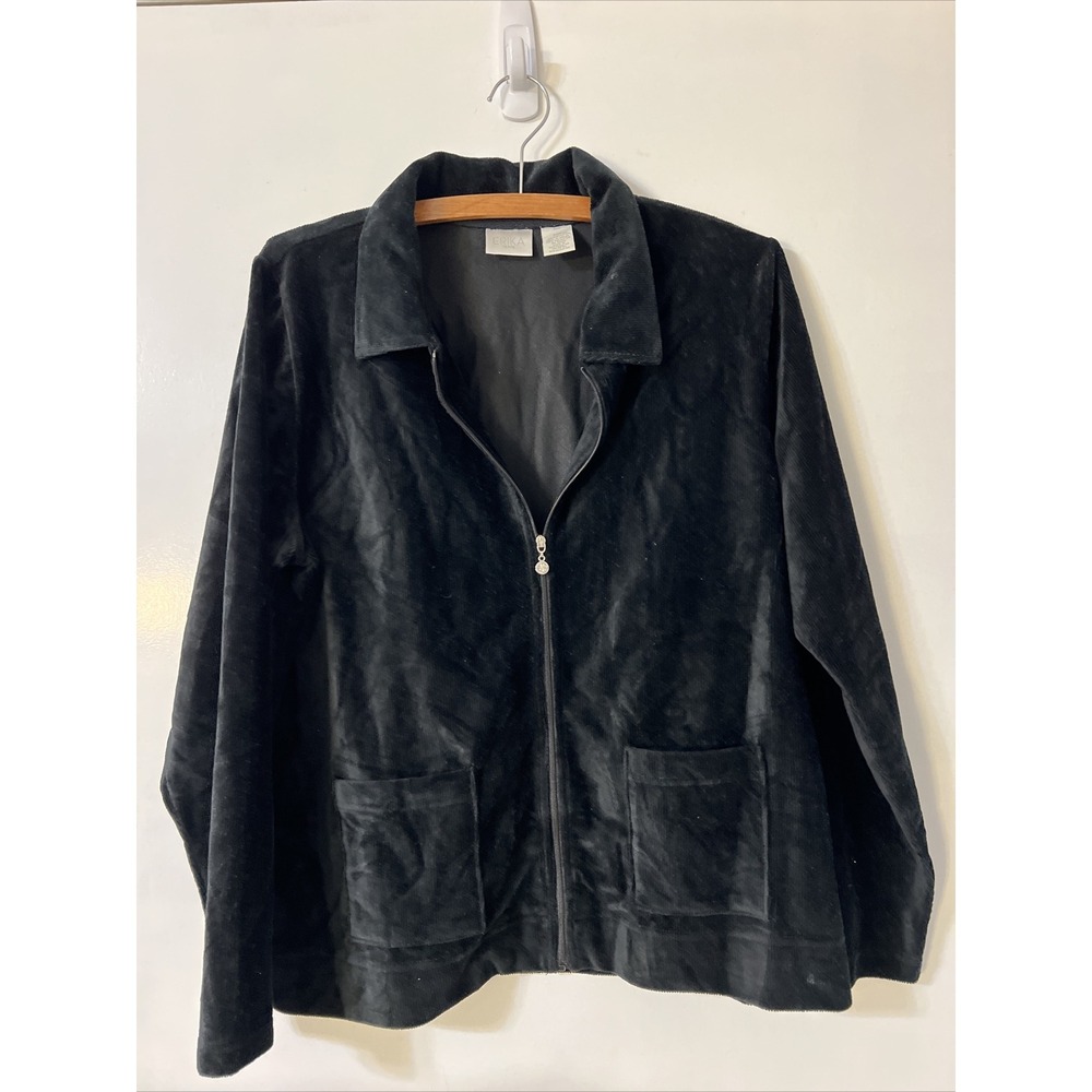 Erika Petite Womens Black Zip Corduroy‎ Jacket Blazer Cardigan Size Large PLX